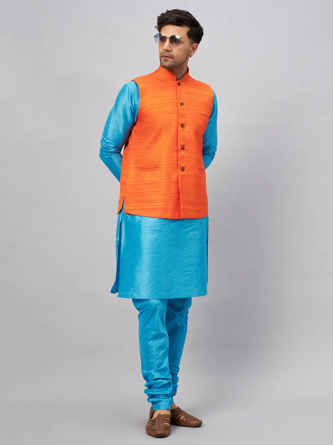 VM BY VASTRAMAY Men's Orange Matka Silk Nehru Jacket With Aqua Blue Silk Blend Kurta and Pyjama Set