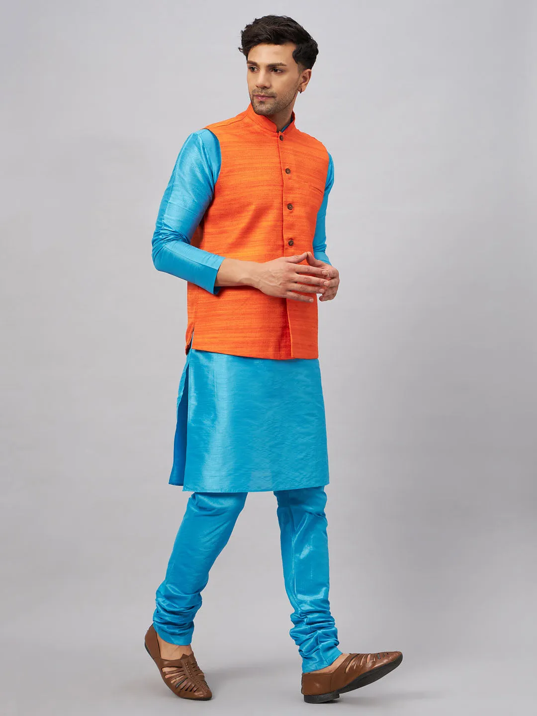 VM BY VASTRAMAY Men's Orange Matka Silk Nehru Jacket With Aqua Blue Silk Blend Kurta and Pyjama Set