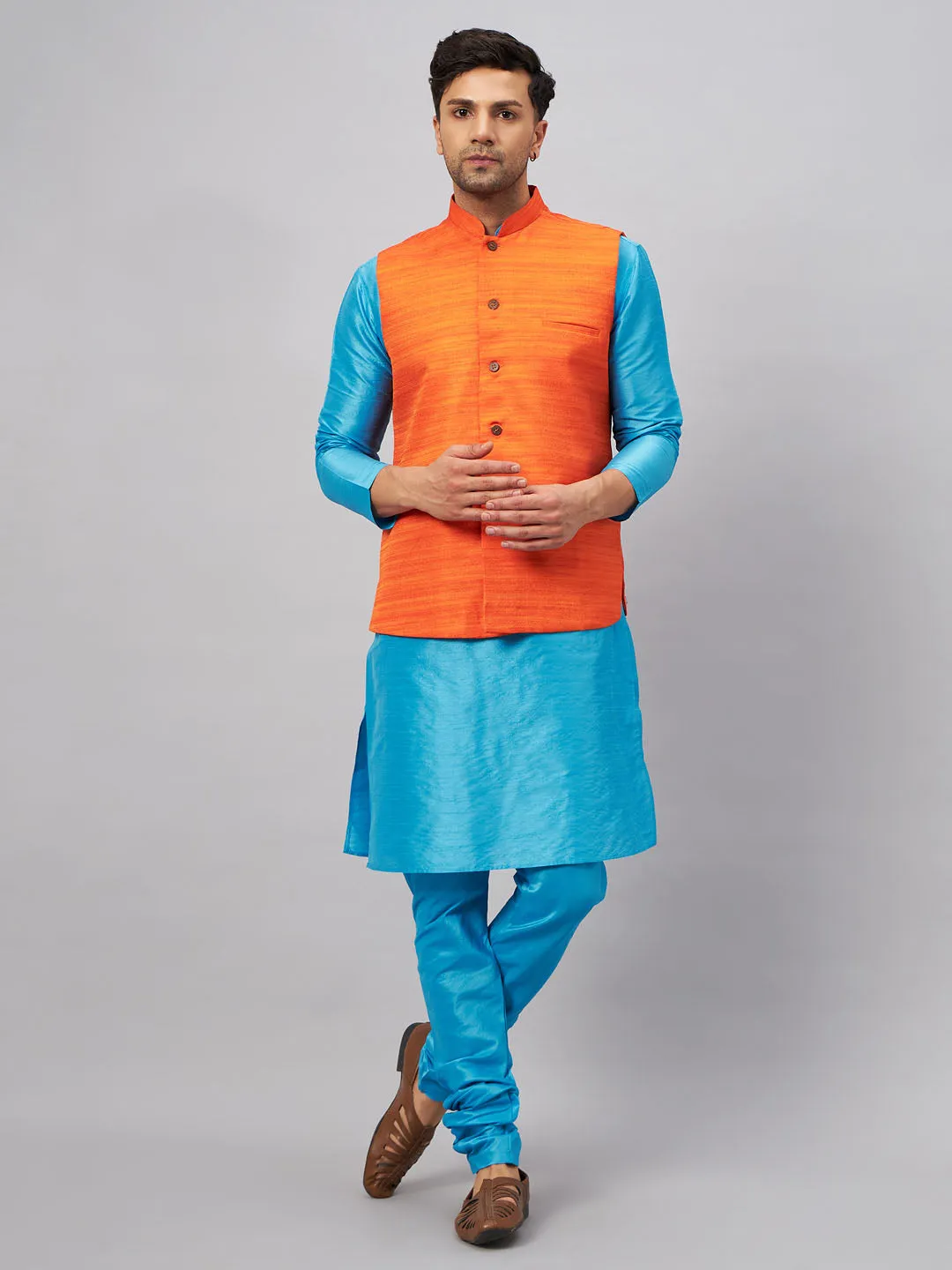 VM BY VASTRAMAY Men's Orange Matka Silk Nehru Jacket With Aqua Blue Silk Blend Kurta and Pyjama Set