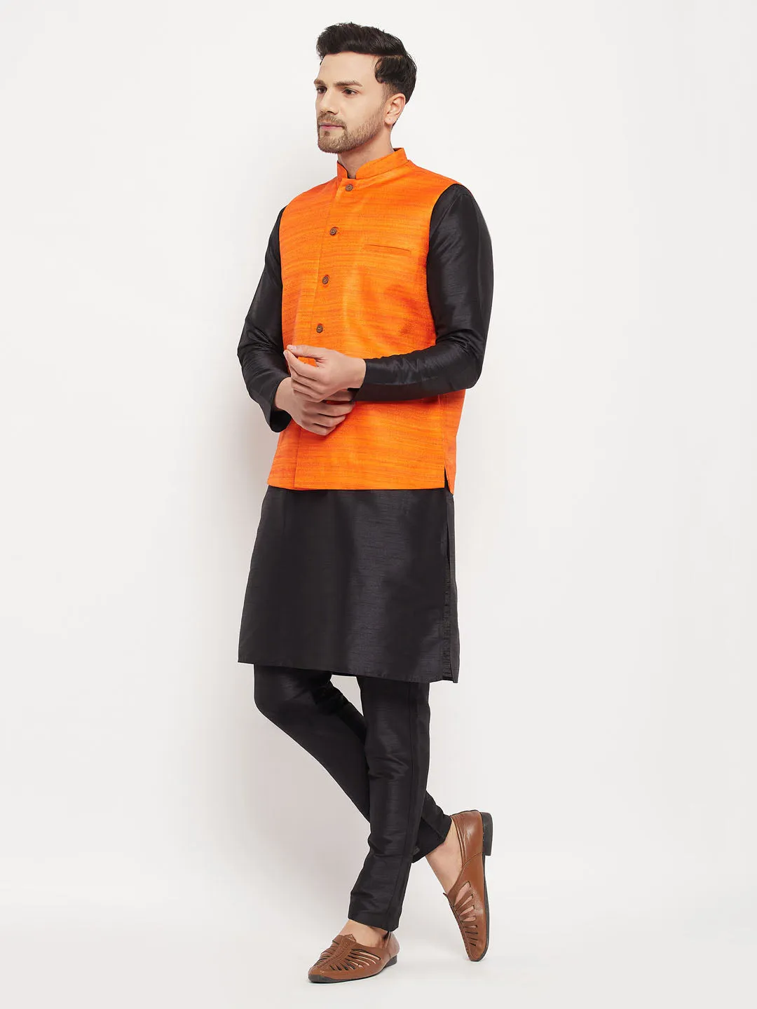 VM BY VASTRAMAY Men's Orange Matka Silk Nehru Jacket With Black Silk Blend Kurta and Pant style Pyjama Set