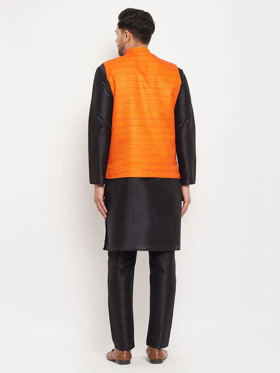 VM BY VASTRAMAY Men's Orange Matka Silk Nehru Jacket With Black Silk Blend Kurta and Pant style Pyjama Set