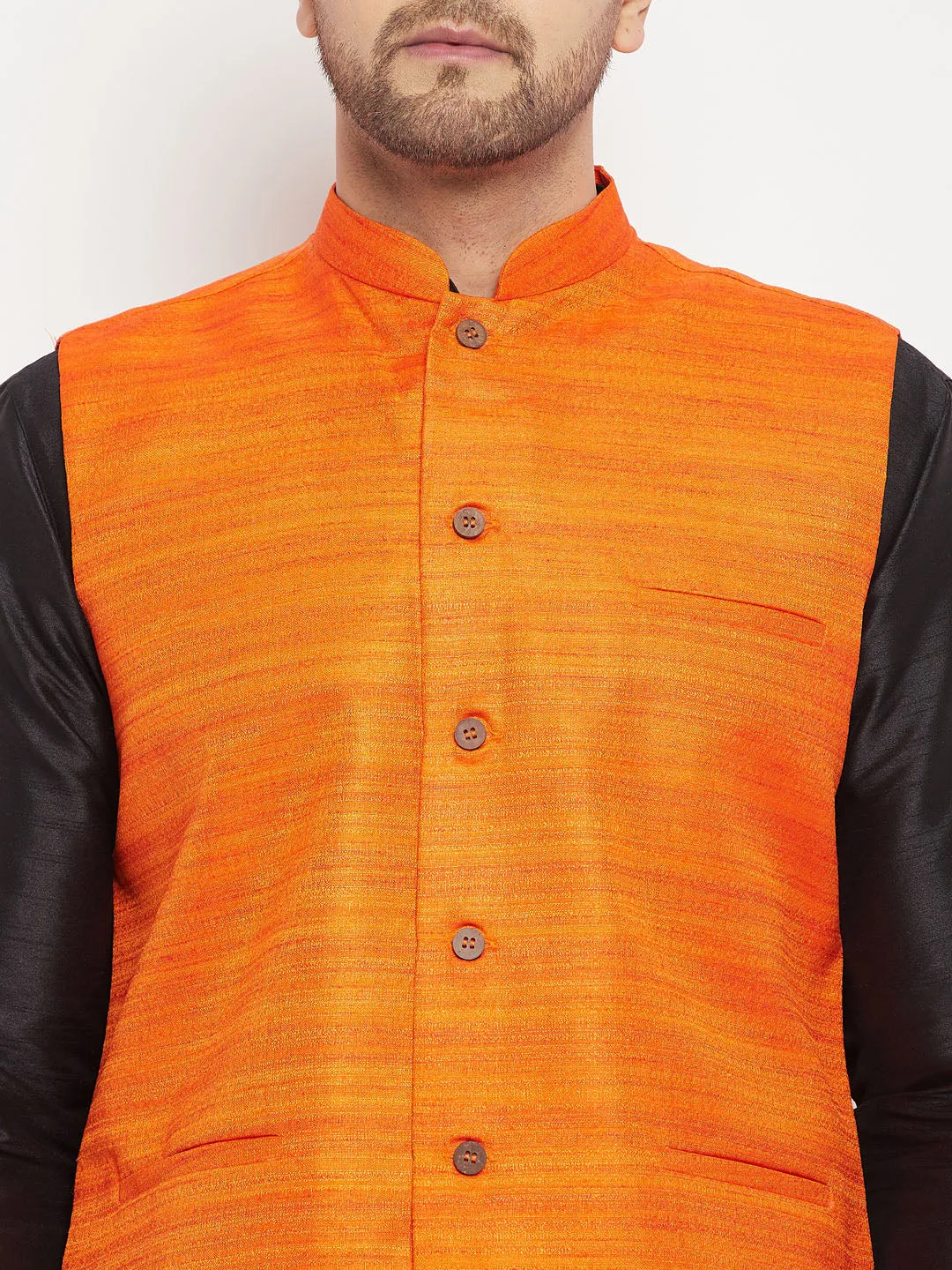 VM BY VASTRAMAY Men's Orange Matka Silk Nehru Jacket With Black Silk Blend Kurta and Pant style Pyjama Set