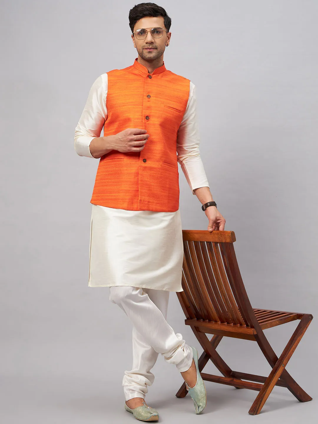 VM BY VASTRAMAY Men's Orange Matka Silk Nehru Jacket With Cream Silk Blend Kurta Pyjama Set