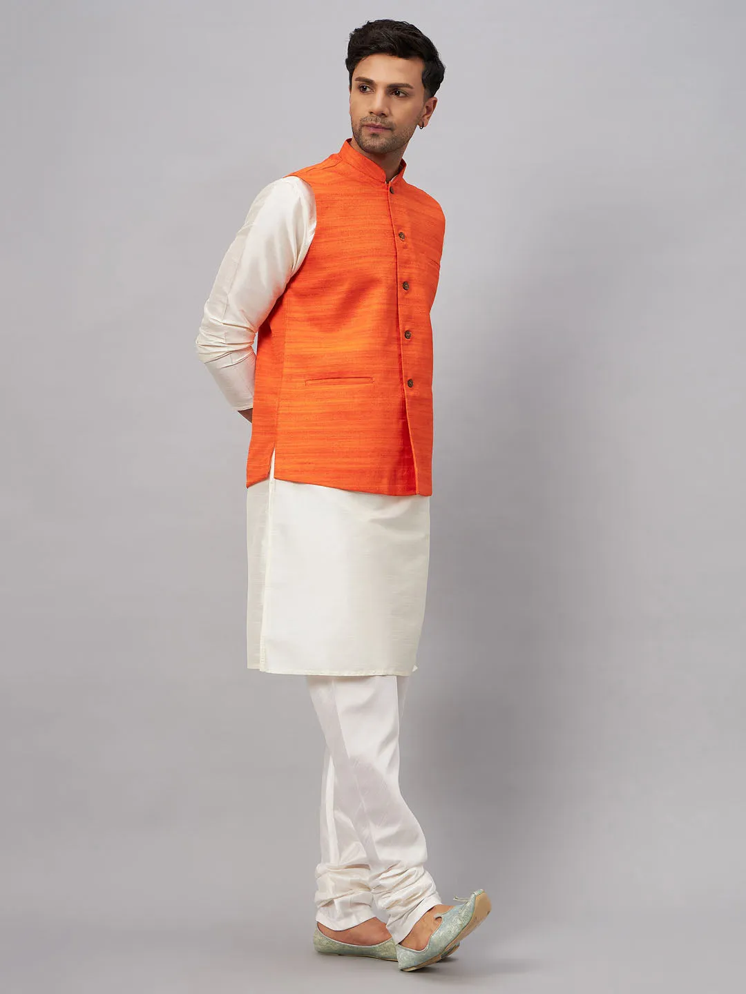 VM BY VASTRAMAY Men's Orange Matka Silk Nehru Jacket With Cream Silk Blend Kurta Pyjama Set