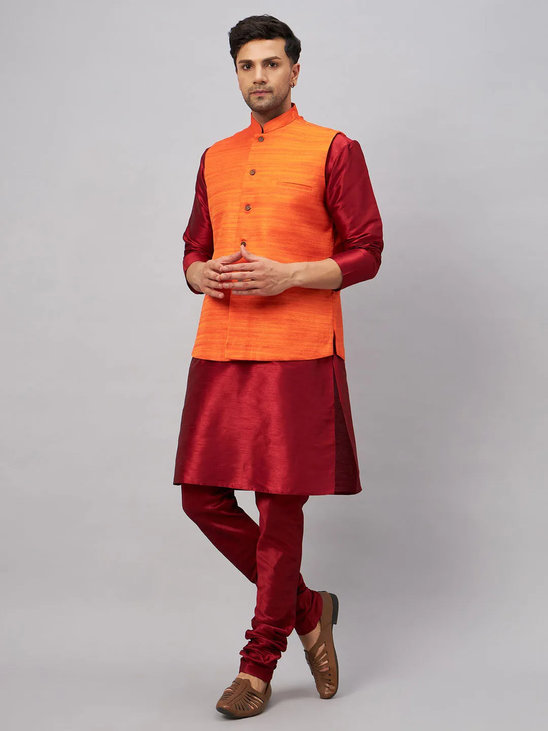 VM BY VASTRAMAY Men's Orange Matka Silk Nehru Jacket With Maroon Silk Blend Kurta Pyjama Set