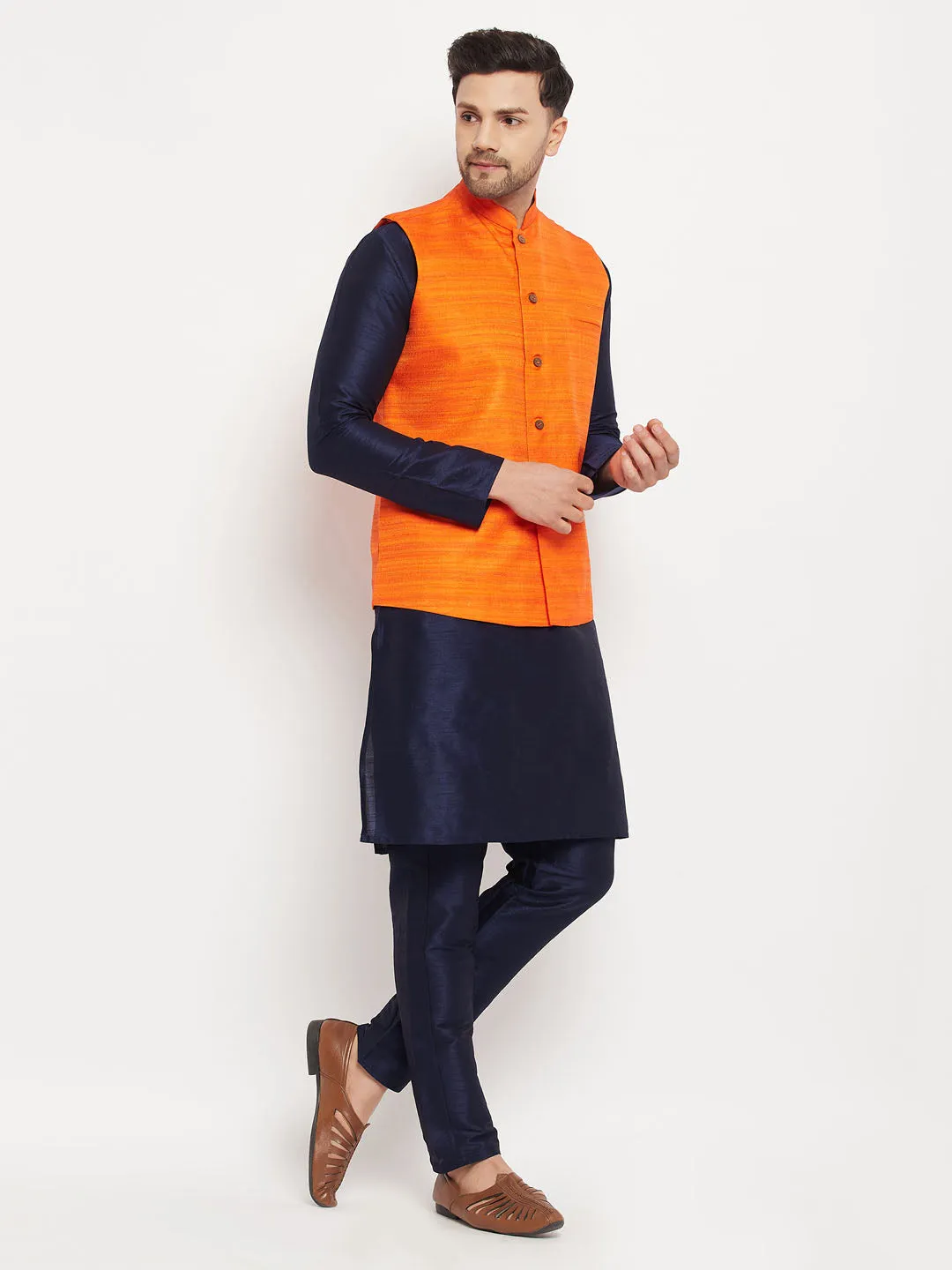 VM BY VASTRAMAY Men's Orange Matka Silk Nehru Jacket With Navy Blue Silk Blend Kurta and Pant style Pyjama Set