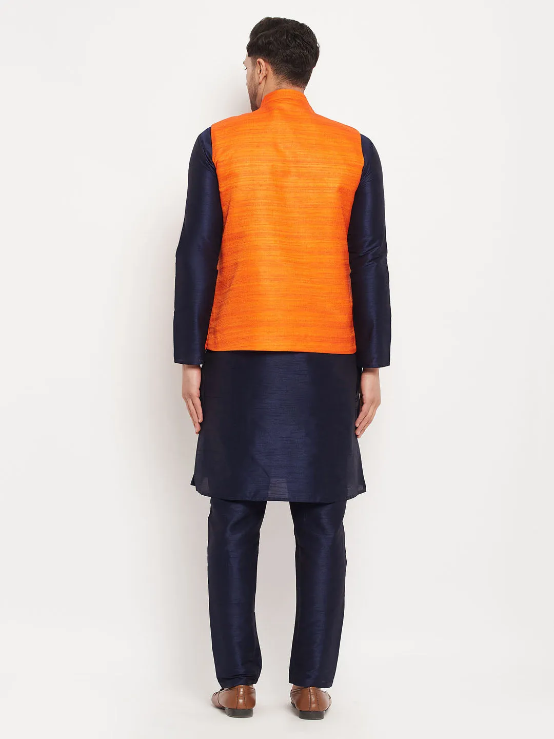 VM BY VASTRAMAY Men's Orange Matka Silk Nehru Jacket With Navy Blue Silk Blend Kurta and Pant style Pyjama Set