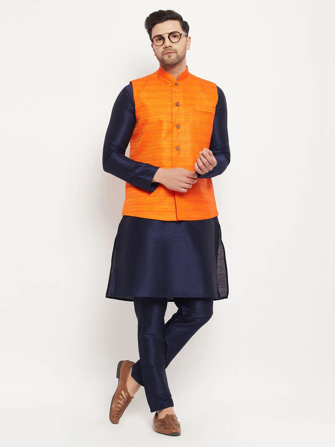 VM BY VASTRAMAY Men's Orange Matka Silk Nehru Jacket With Navy Blue Silk Blend Kurta and Pant style Pyjama Set