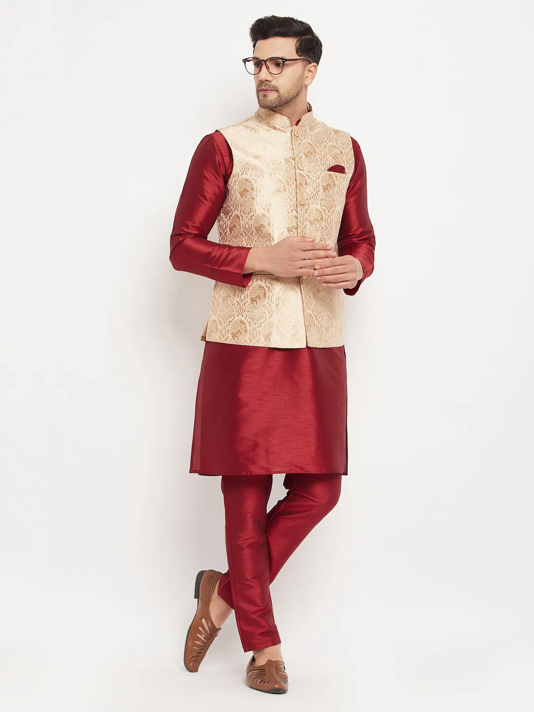 VM BY VASTRAMAY Men's Rose Gold Jacquard Jacket With Kurta And Pant Set