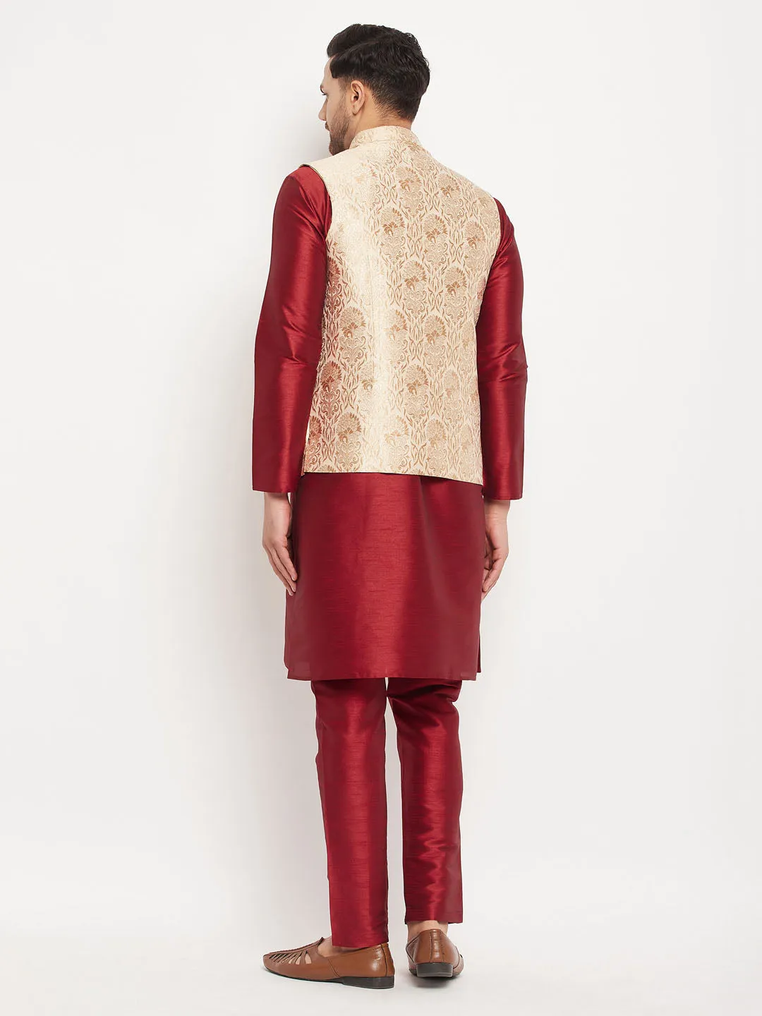 VM BY VASTRAMAY Men's Rose Gold Jacquard Jacket With Kurta And Pant Set