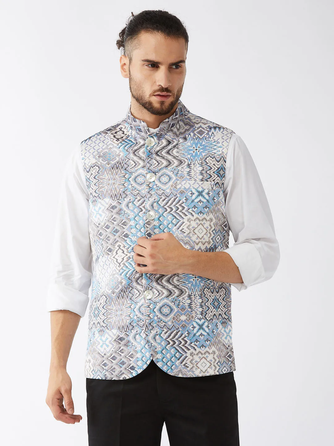 VM BY VASTRAMAY Men's White & Blue Printed Satin Slim-Fit Nehru Jacket