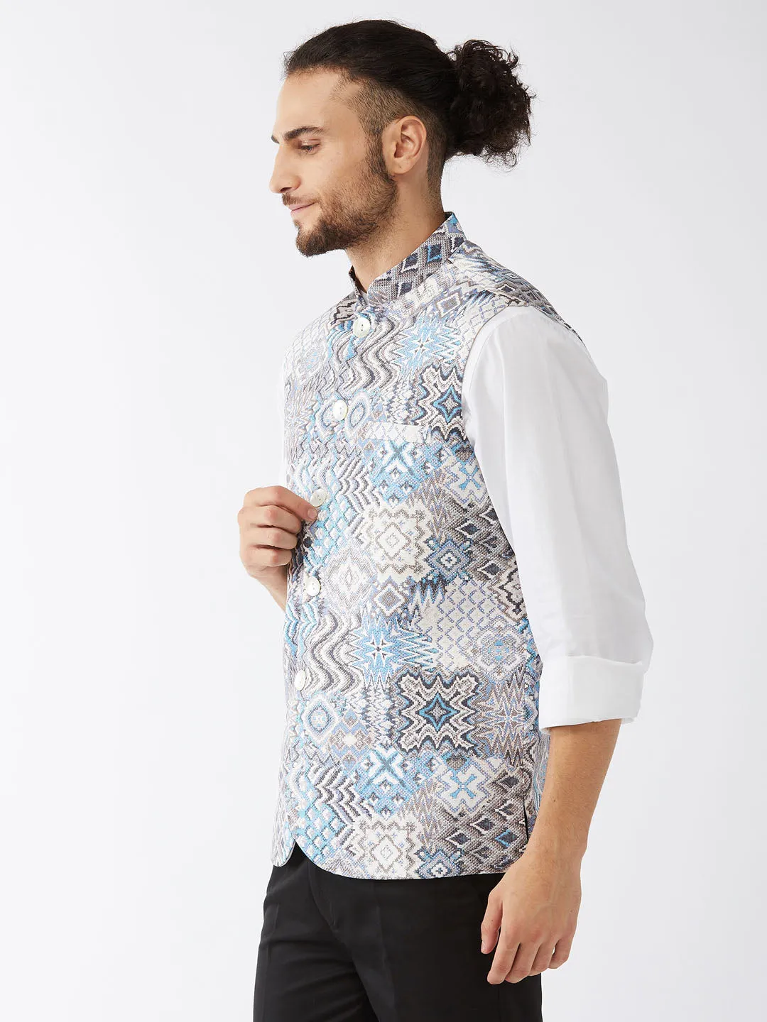 VM BY VASTRAMAY Men's White & Blue Printed Satin Slim-Fit Nehru Jacket