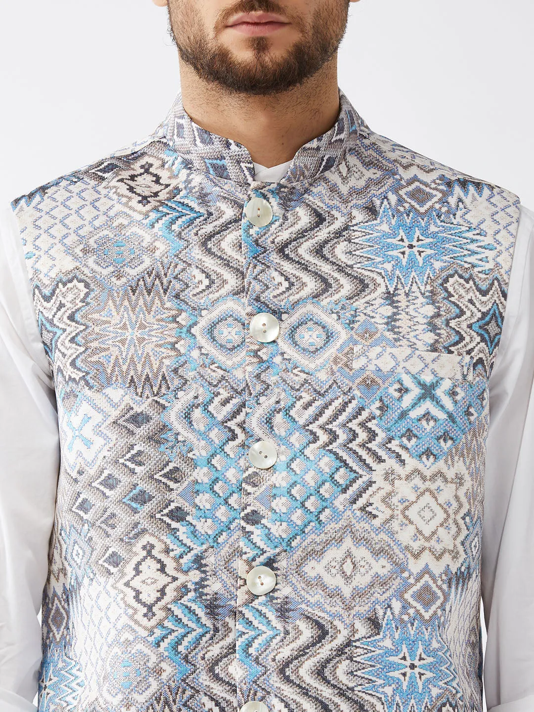 VM BY VASTRAMAY Men's White & Blue Printed Satin Slim-Fit Nehru Jacket