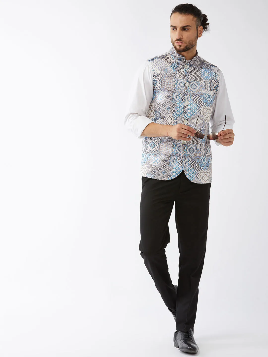 VM BY VASTRAMAY Men's White & Blue Printed Satin Slim-Fit Nehru Jacket