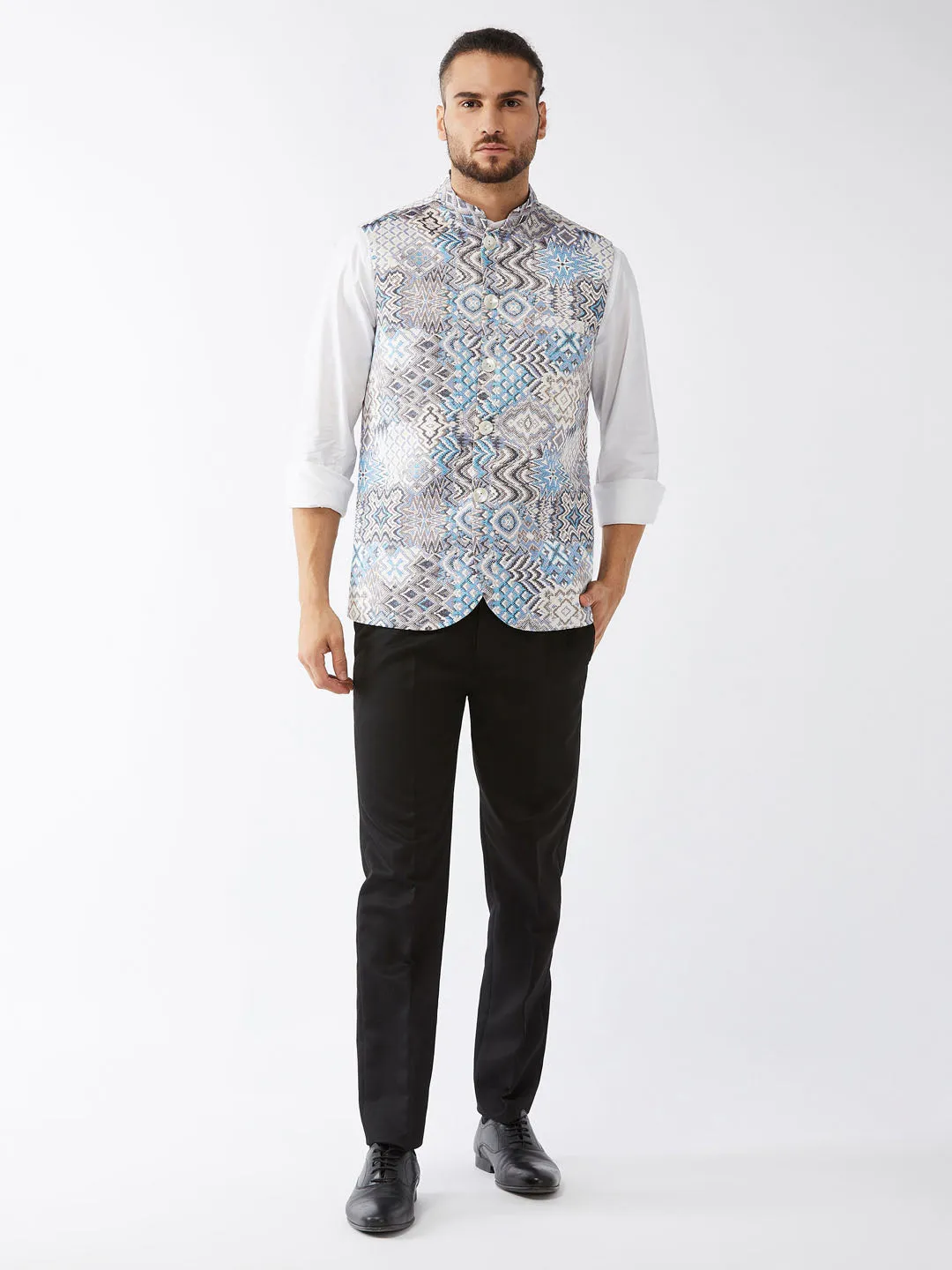 VM BY VASTRAMAY Men's White & Blue Printed Satin Slim-Fit Nehru Jacket