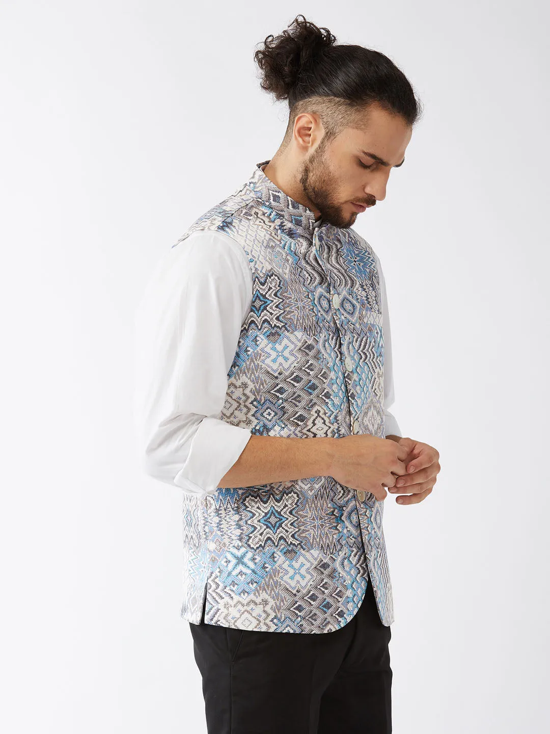 VM BY VASTRAMAY Men's White & Blue Printed Satin Slim-Fit Nehru Jacket