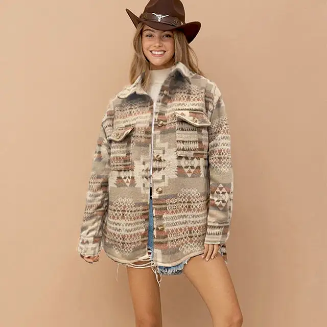 Western Vintage Women Aztec Printed Jacket Long Sleeved Splicing Loose Wool Coat