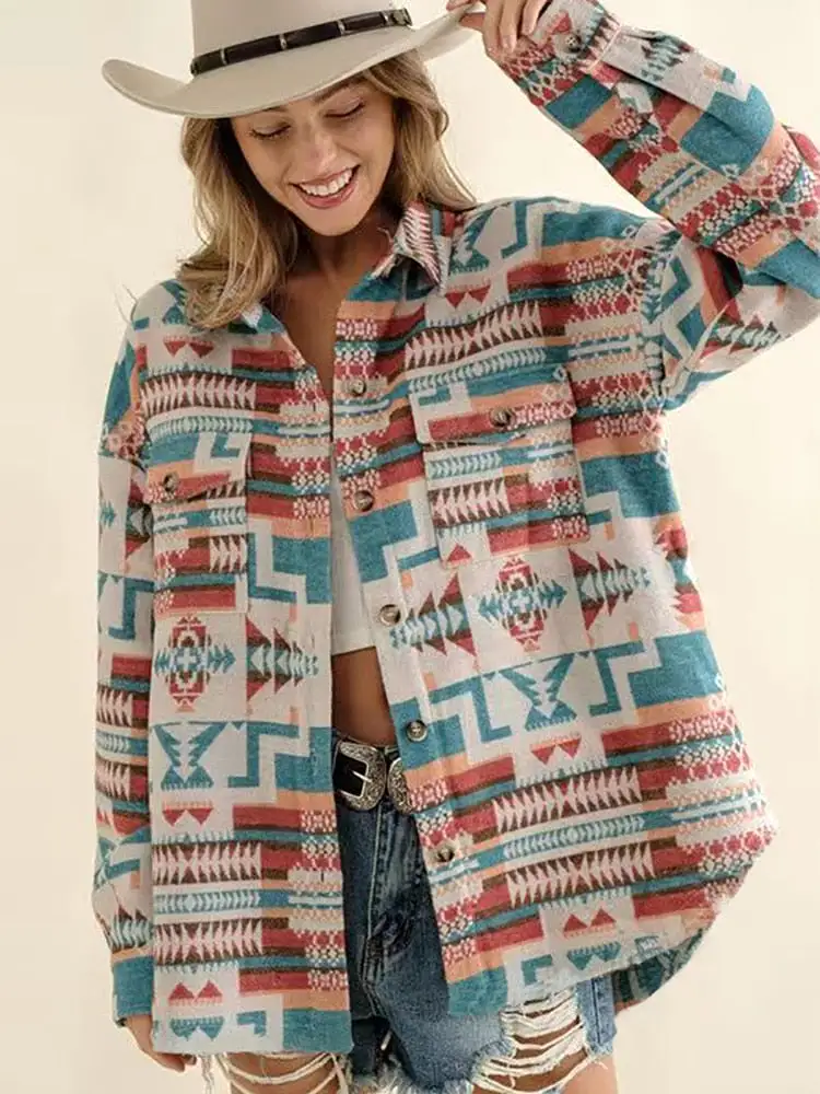 Western Vintage Women Aztec Printed Jacket Long Sleeved Splicing Loose Wool Coat