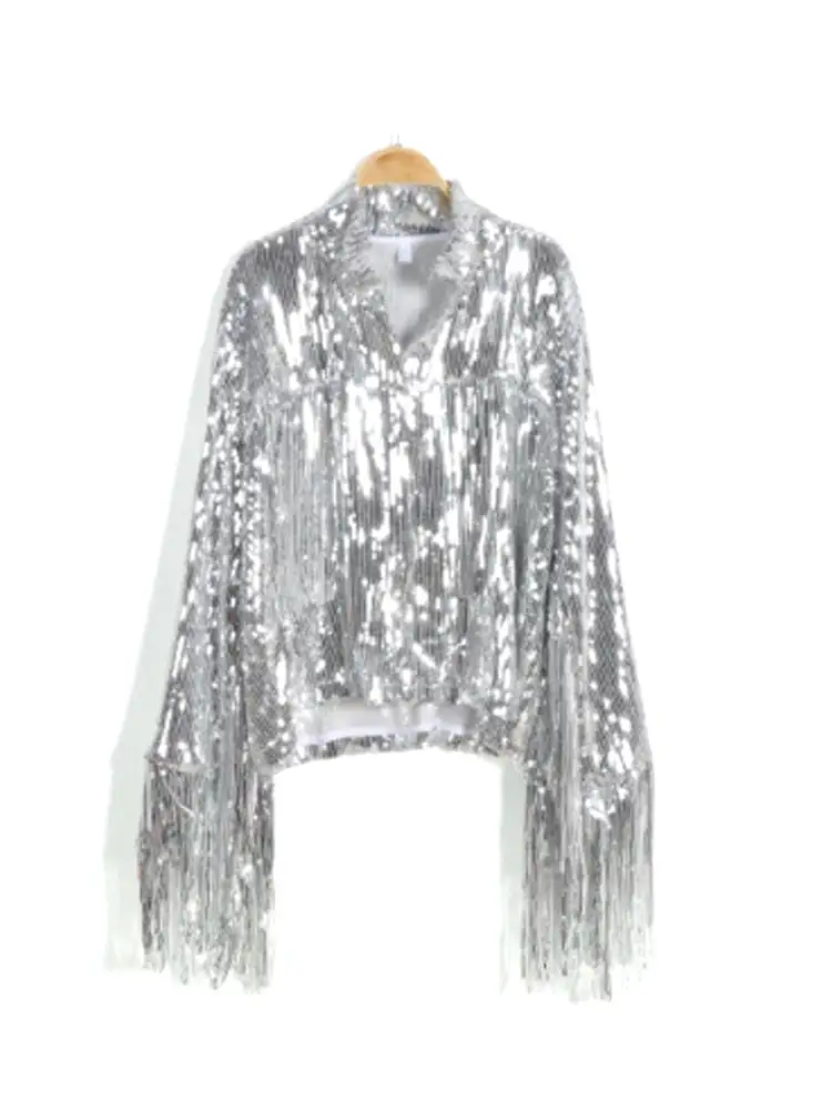 Women Jacket Spring 2023 Tassel Sequin Jacket Fashion Fringed Retro Long-sleeved Silver Reflective Jacket Women Outwear Tops