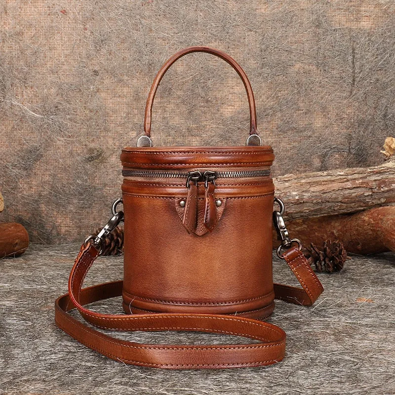 Women's Retro Soft Leather Handmade Small Bucket Messenger Handbag