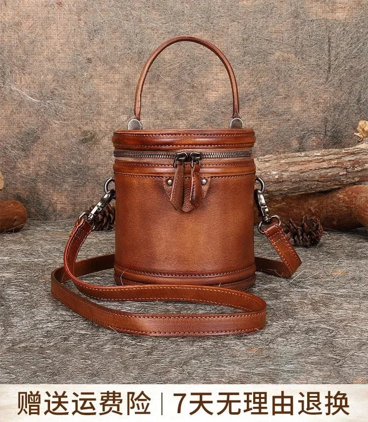 Women's Retro Soft Leather Handmade Small Bucket Messenger Handbag