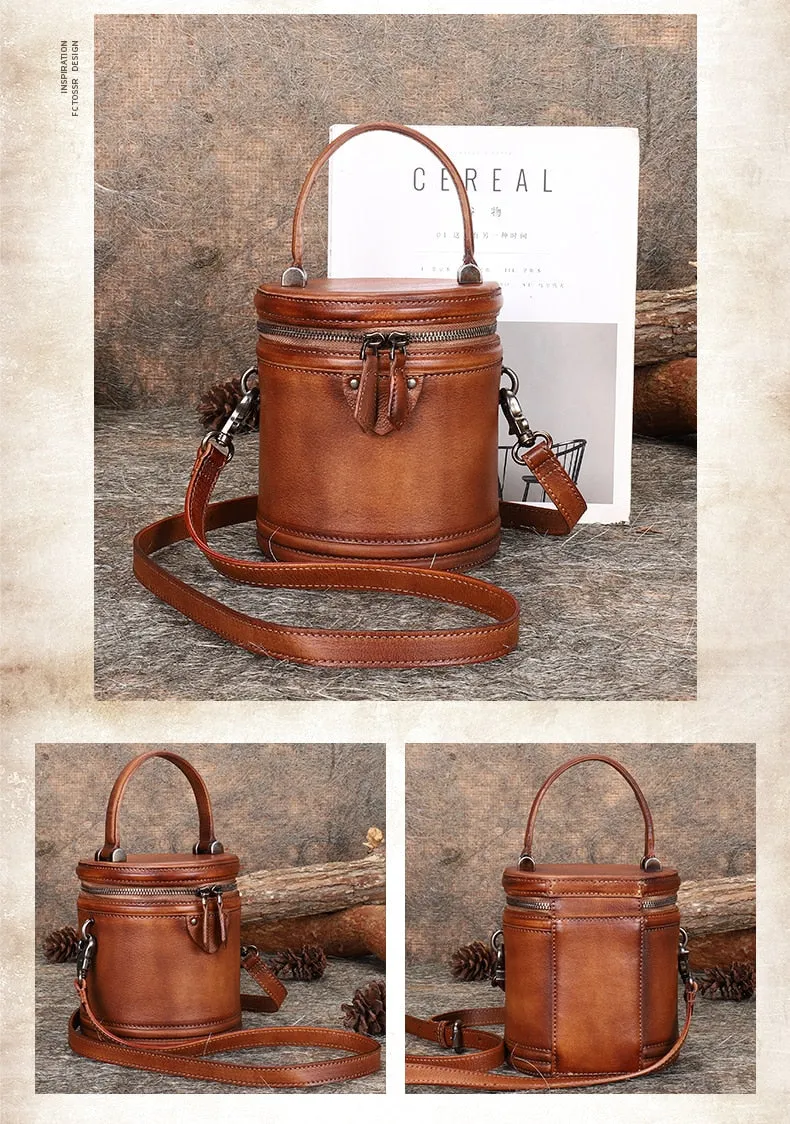 Women's Retro Soft Leather Handmade Small Bucket Messenger Handbag