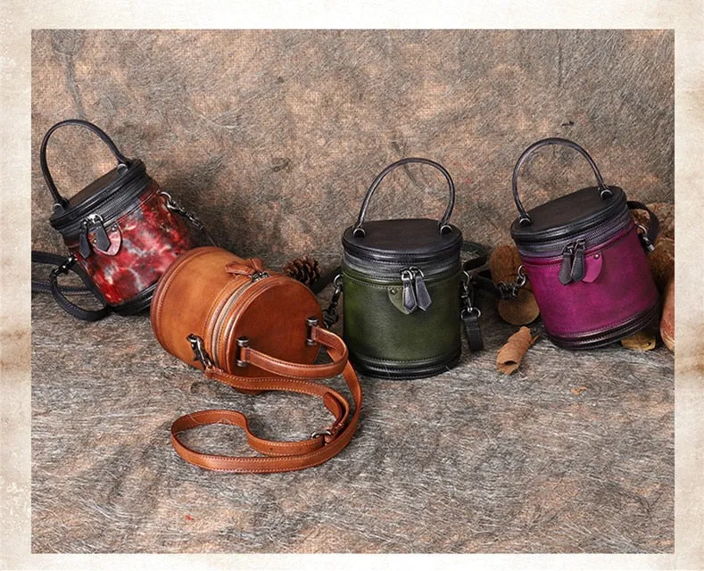 Women's Retro Soft Leather Handmade Small Bucket Messenger Handbag